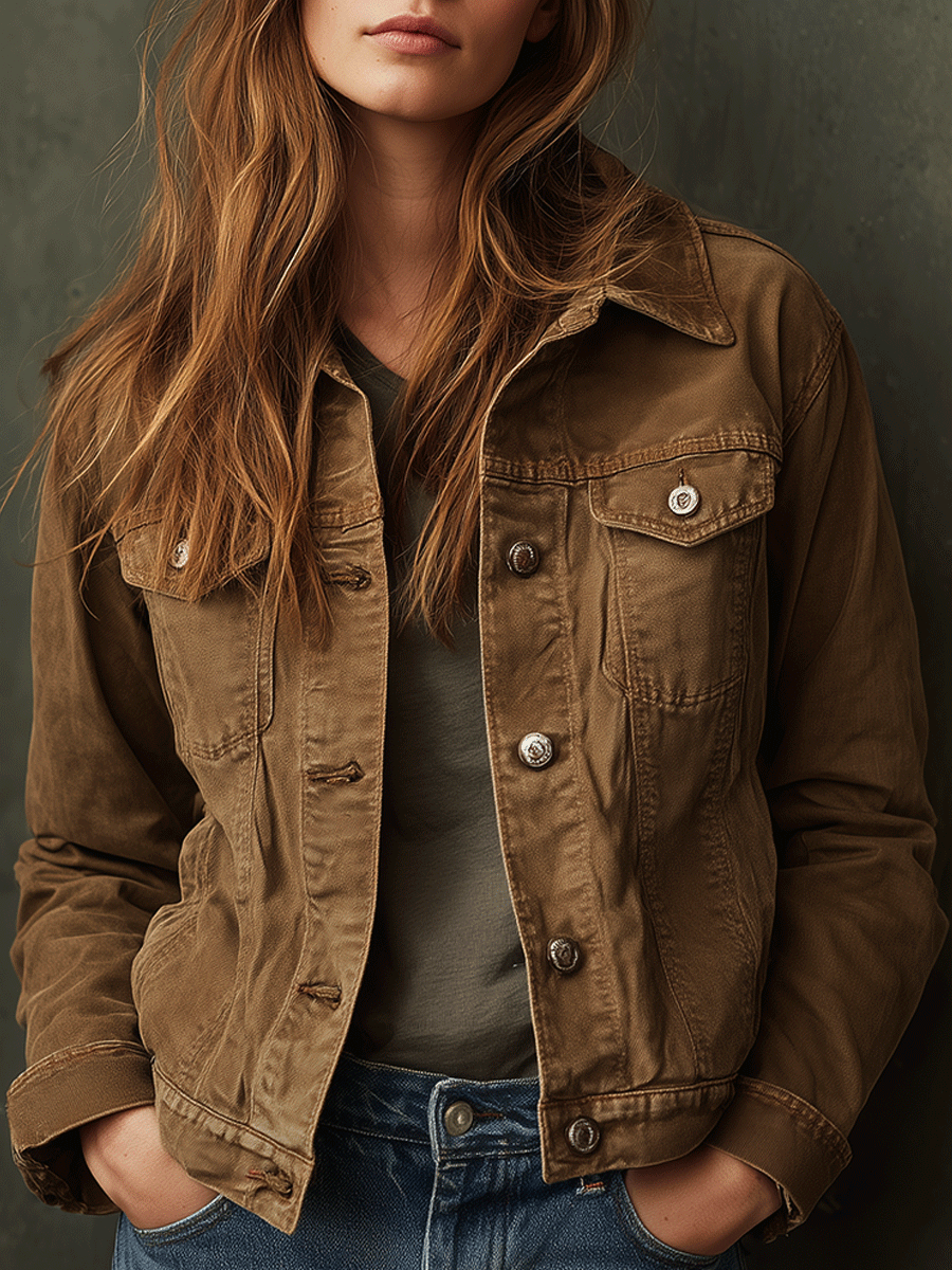 Classic Casual Washed Khaki Button Front Jacket