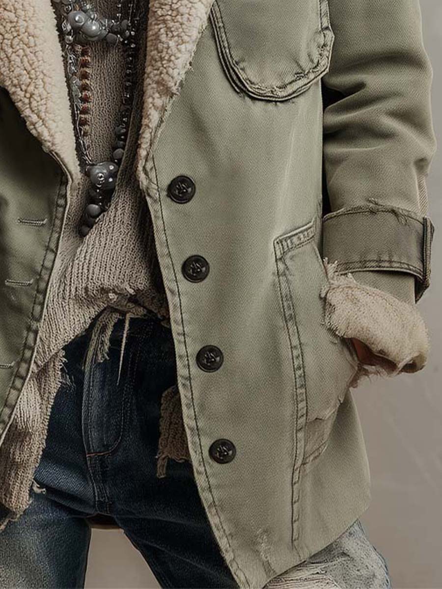 Vintage Olive Green Sherpa-Lined Utility Jacket