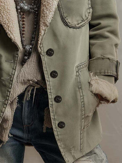 Vintage Olive Green Sherpa-Lined Utility Jacket