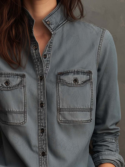 Vintage Washed Denim Utility Shirt