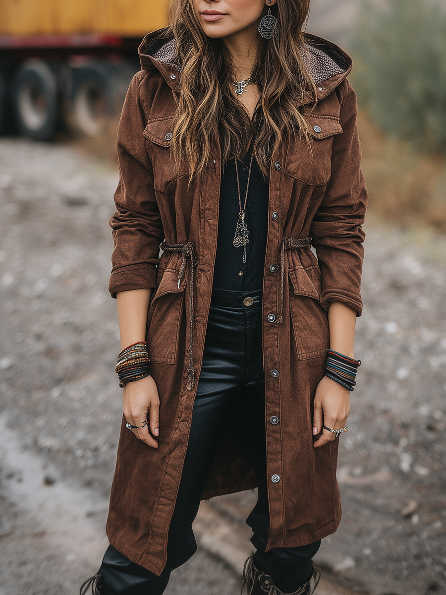 Vintage Multi-pocket Waist Tie Denim Coat