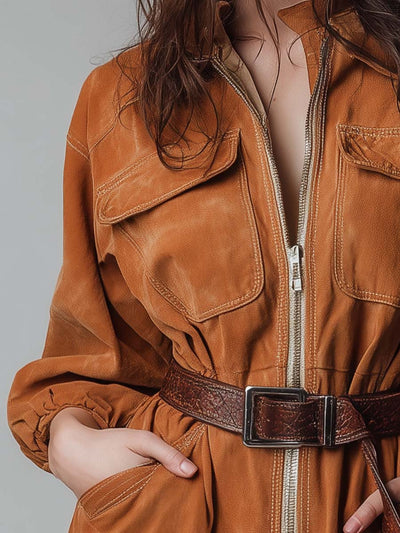 Washed Vintage-Inspired Camel Utility Mini Dress With Belt