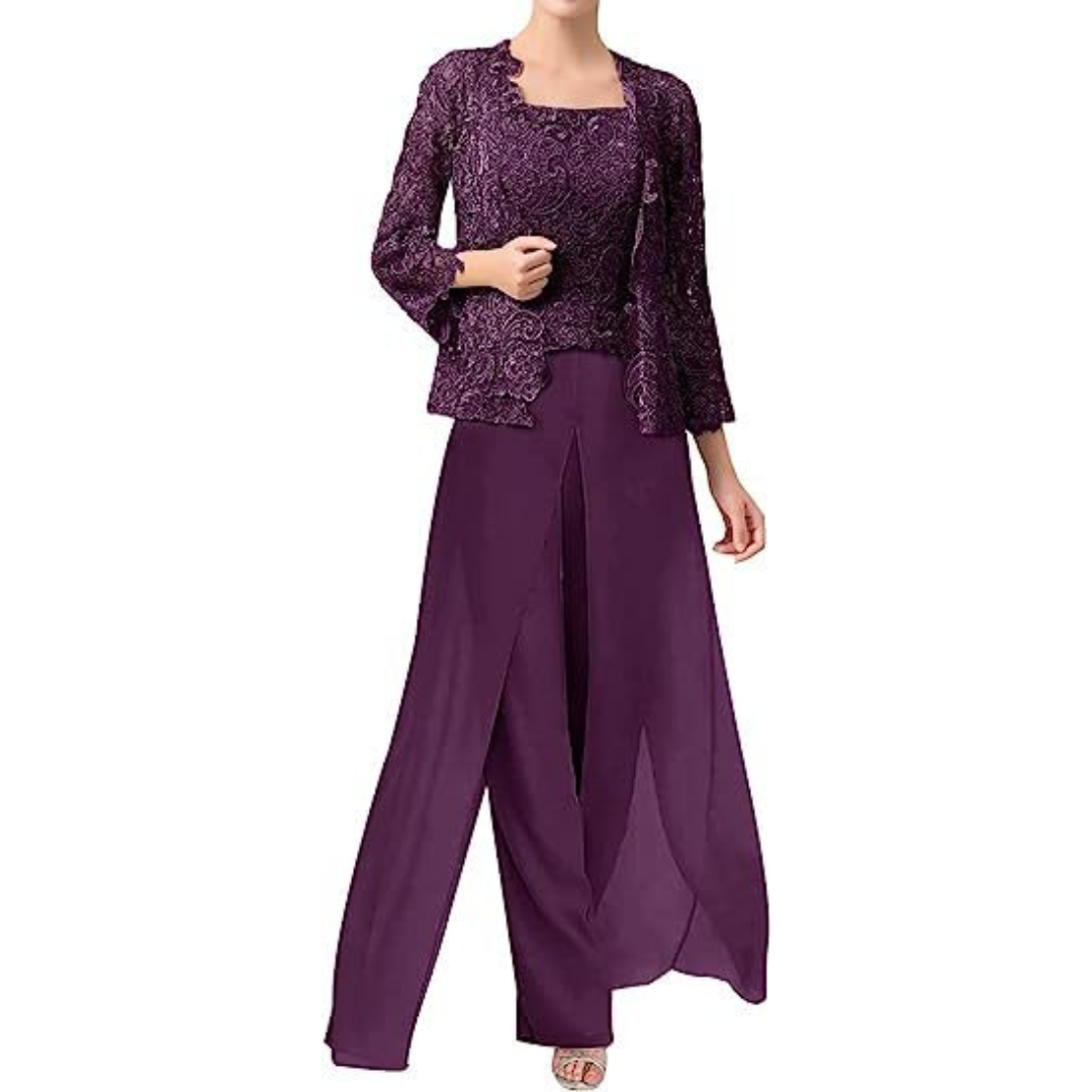 Diane – Lace & Chiffon Square Neck Pantsuit with Jacket