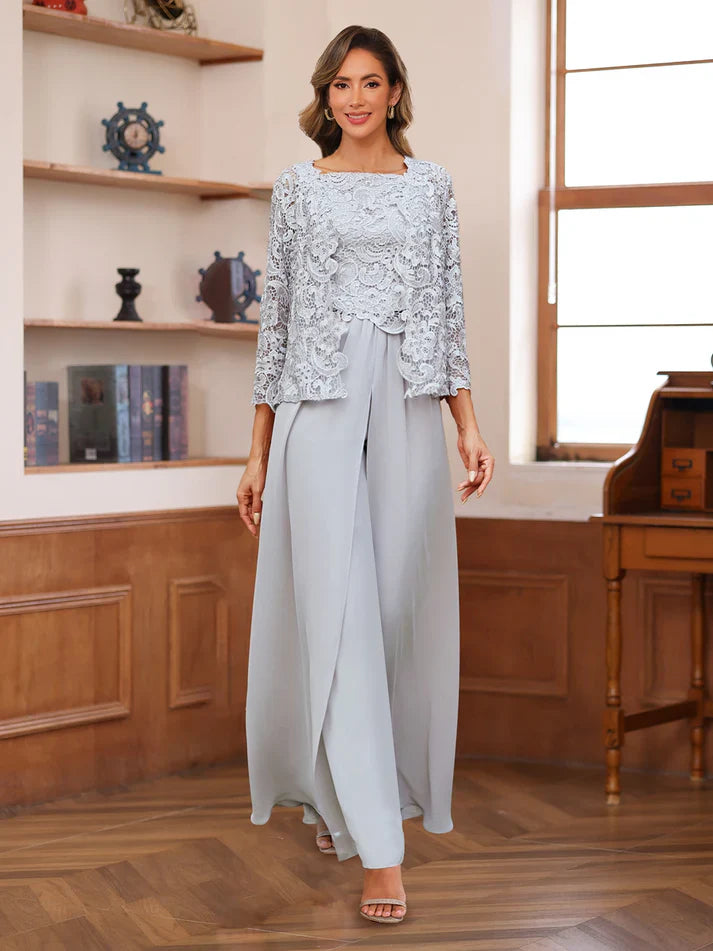 Diane – Lace & Chiffon Square Neck Pantsuit with Jacket