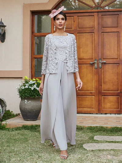 Diane – Lace & Chiffon Square Neck Pantsuit with Jacket