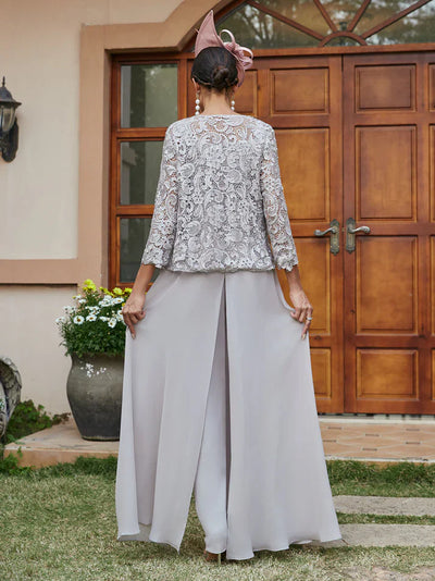 Diane – Lace & Chiffon Square Neck Pantsuit with Jacket