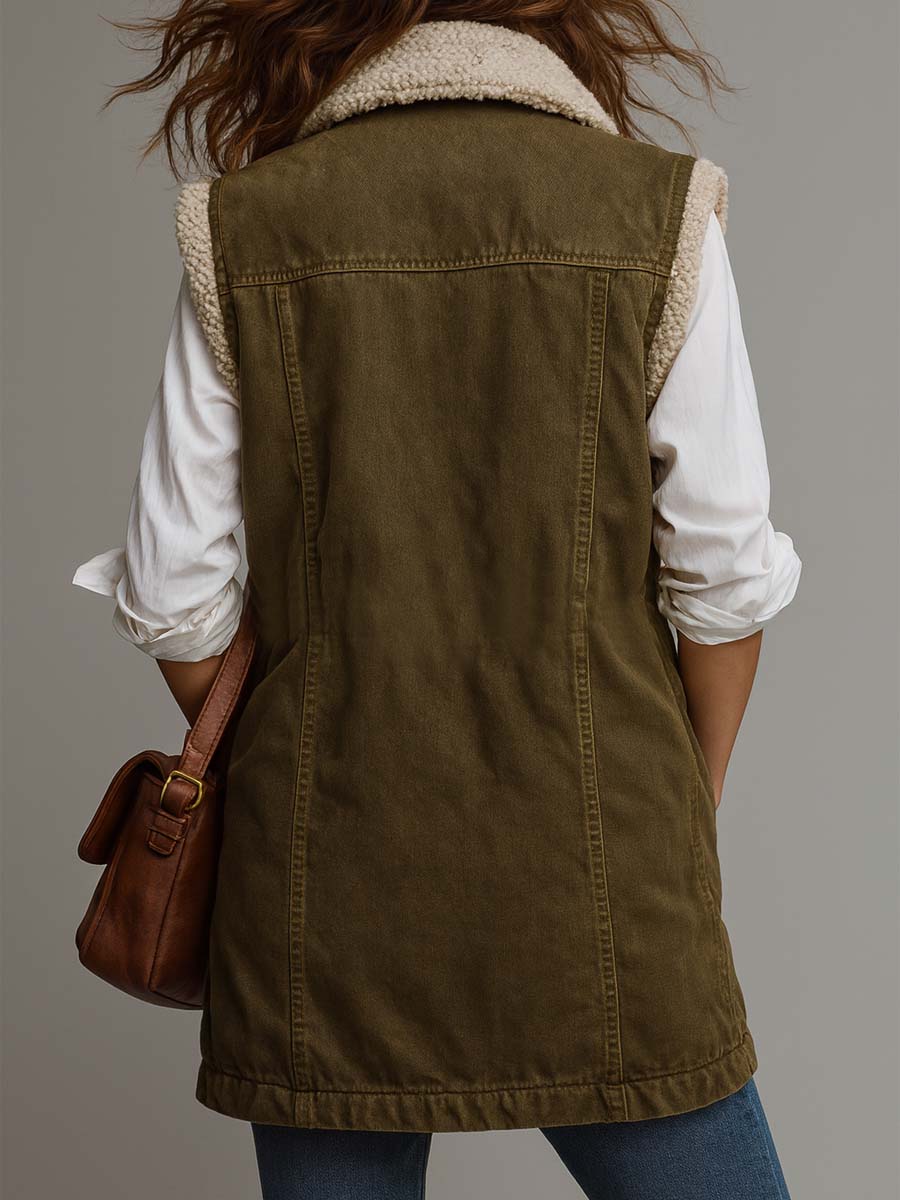 Vintage Washed Olive Green Utility Vest With Sherpa Lining