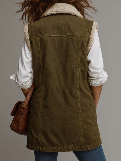 Vintage Washed Olive Green Utility Vest With Sherpa Lining