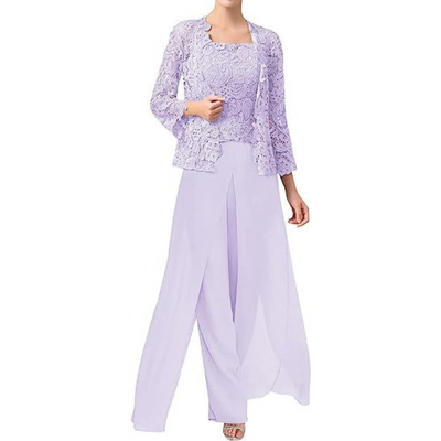 Diane – Lace & Chiffon Square Neck Pantsuit with Jacket