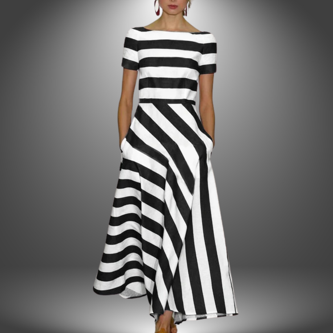 Susan - Elegant Short-Sleeved Striped Pocket Dress