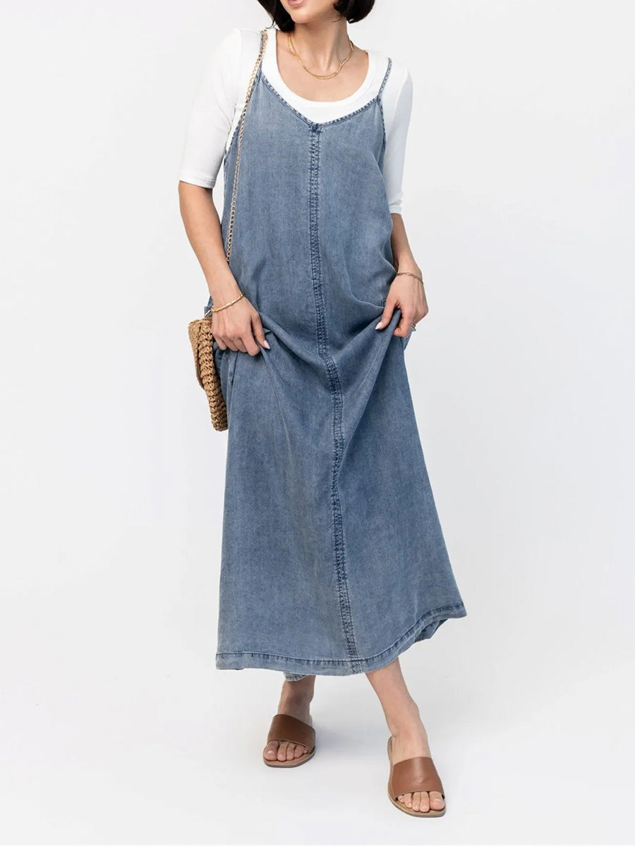 Vintage-Inspired Loose Fit Denim Maxi Dress