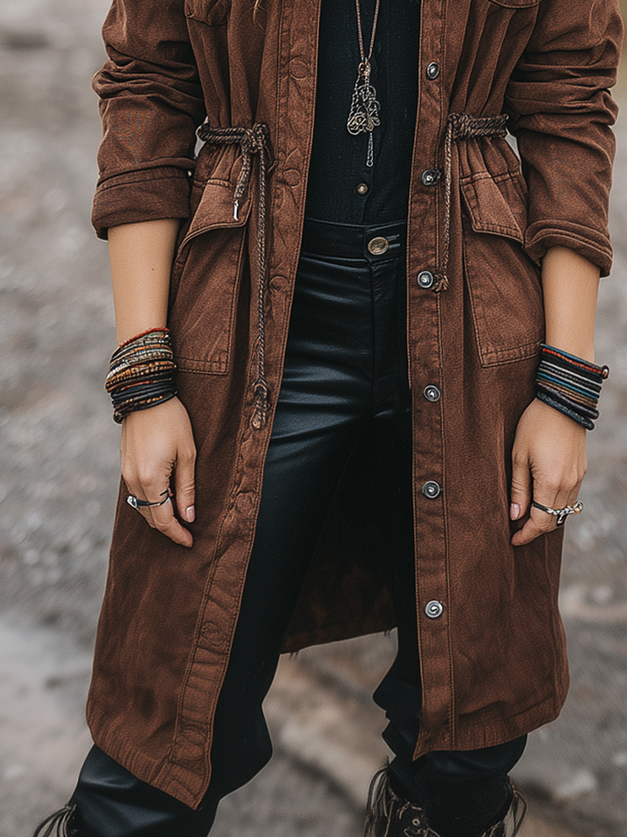 Vintage Multi-pocket Waist Tie Denim Coat