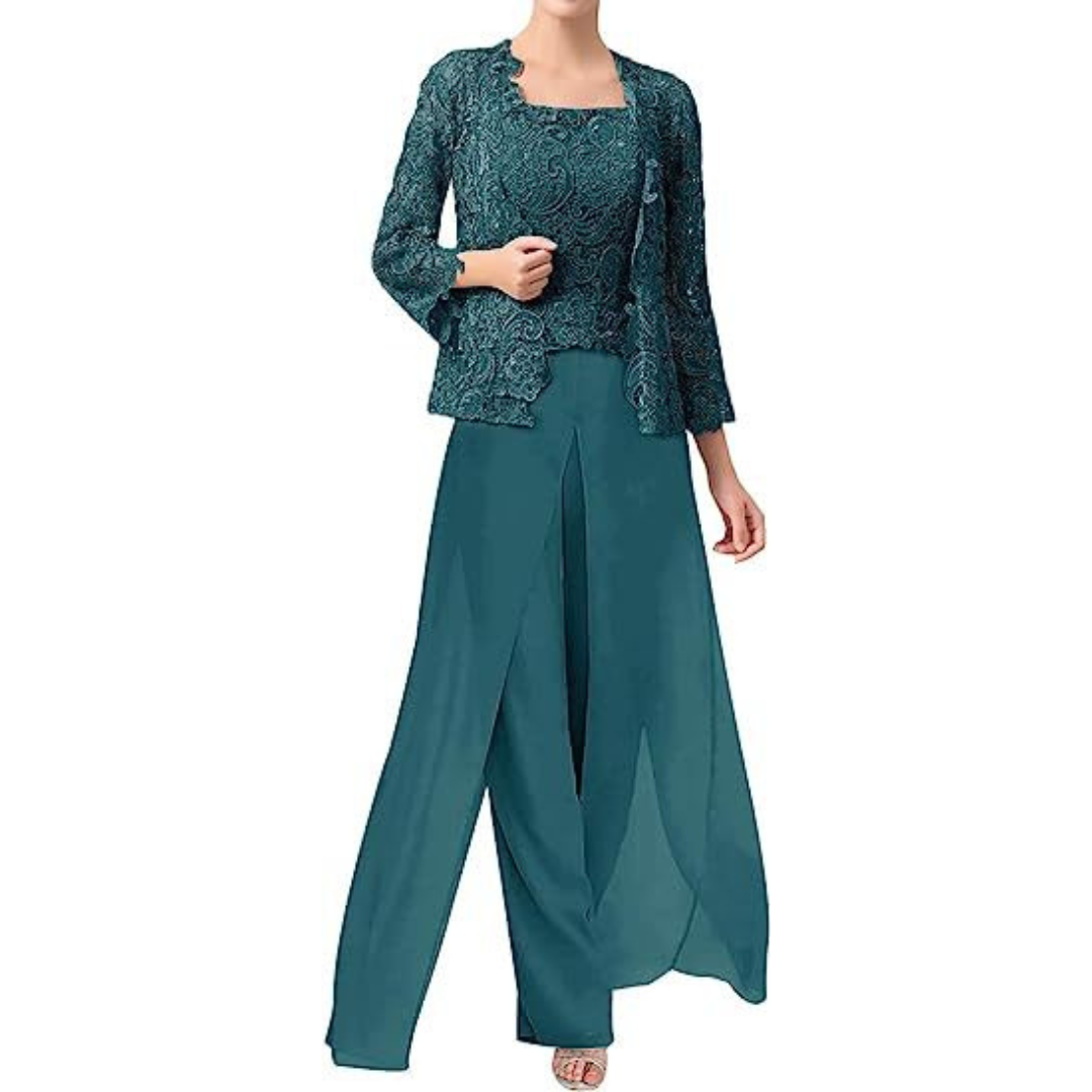 Diane – Lace & Chiffon Square Neck Pantsuit with Jacket