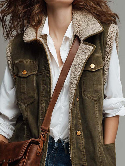Vintage Washed Olive Green Utility Vest With Sherpa Lining