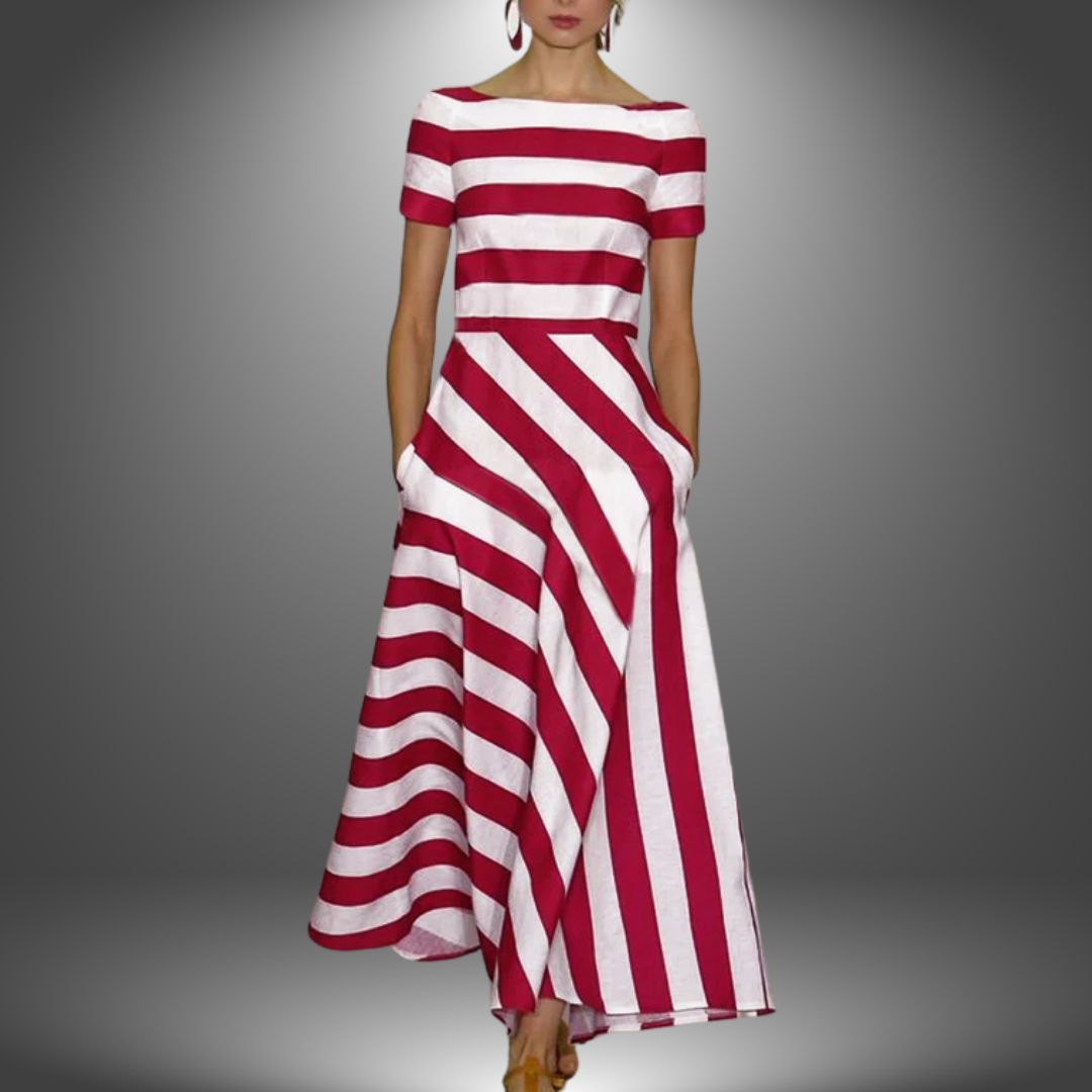 Susan - Elegant Short-Sleeved Striped Pocket Dress