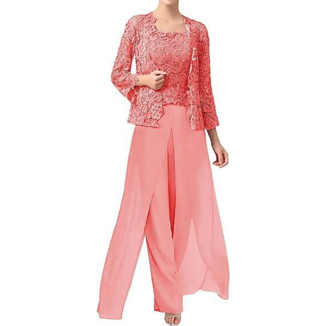 Diane – Lace & Chiffon Square Neck Pantsuit with Jacket