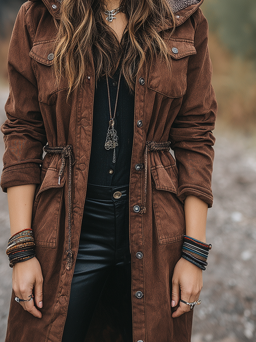 Vintage Multi-pocket Waist Tie Denim Coat