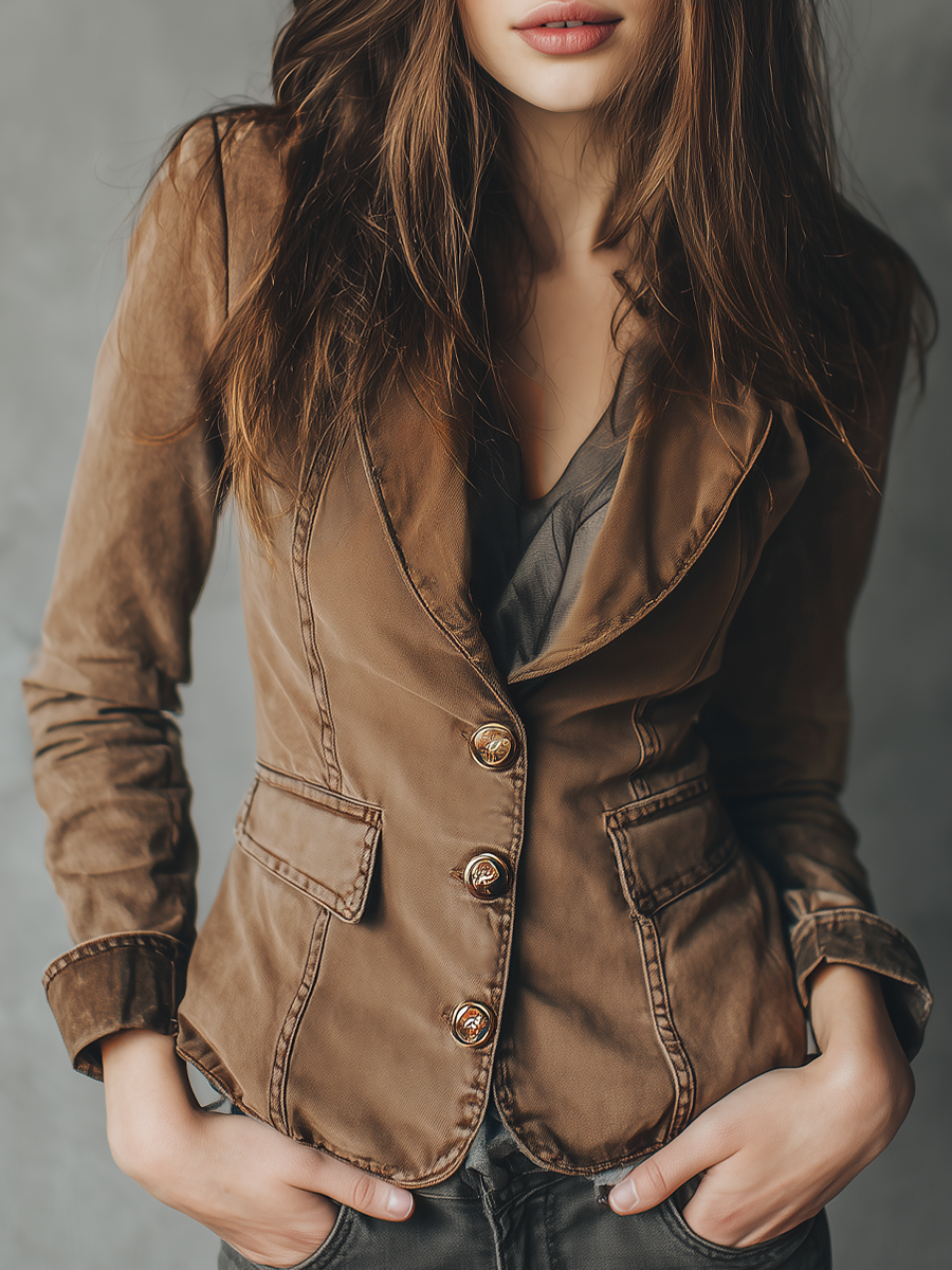 Vintage Lapel Button-down Denim Blazer