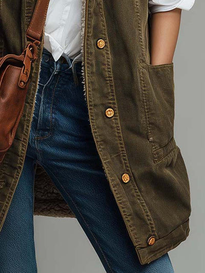 Vintage Washed Olive Green Utility Vest With Sherpa Lining