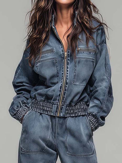Vintage-Wash Zip-Front Utility Tracksuit Set