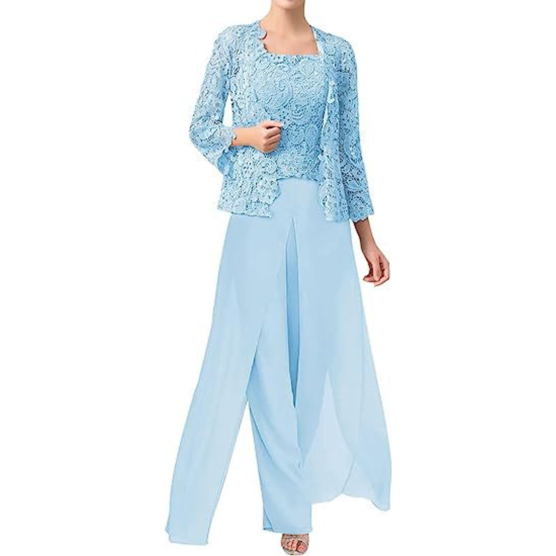 Diane – Lace & Chiffon Square Neck Pantsuit with Jacket