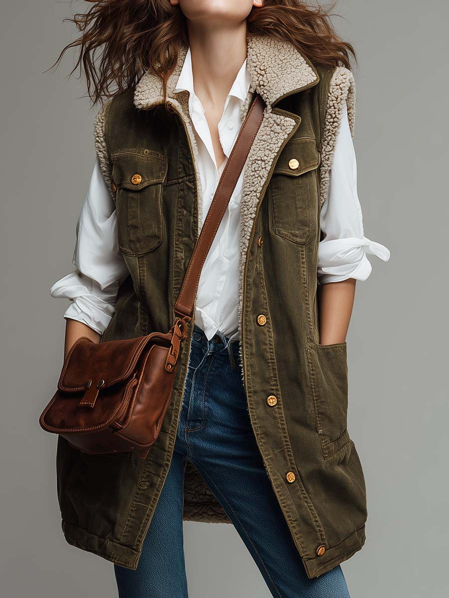 Vintage Washed Olive Green Utility Vest With Sherpa Lining