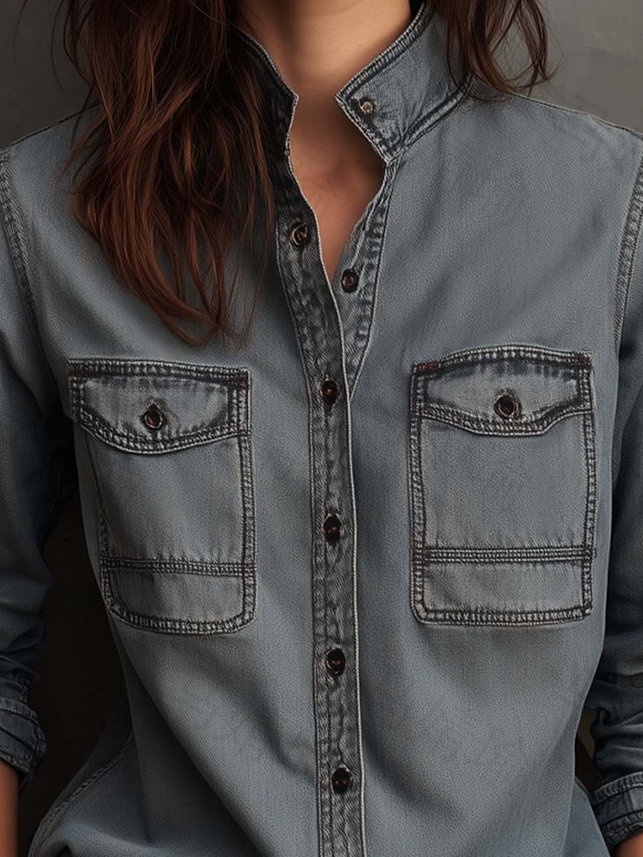 Vintage Washed Denim Utility Shirt