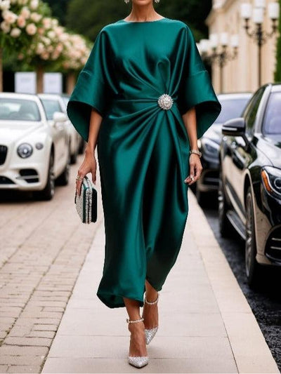 Lucia™ |Satin dress with jewelled drape and wide sleeves