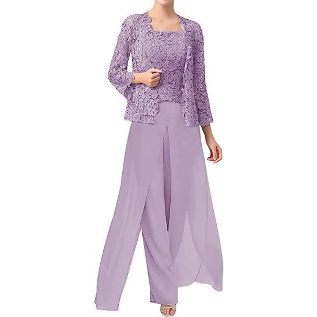 Diane – Lace & Chiffon Square Neck Pantsuit with Jacket
