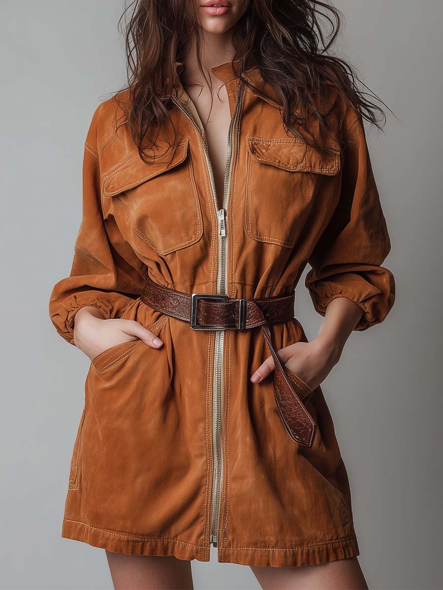 Washed Vintage-Inspired Camel Utility Mini Dress With Belt
