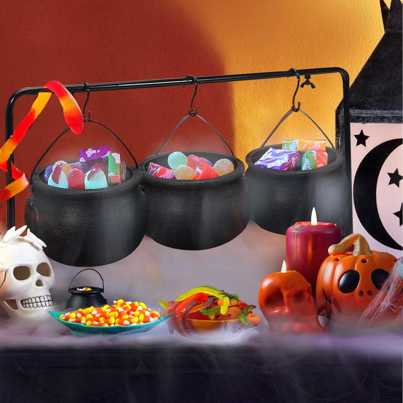 Halloween Serving Set — 3 Witches’ Cauldrons on Rack