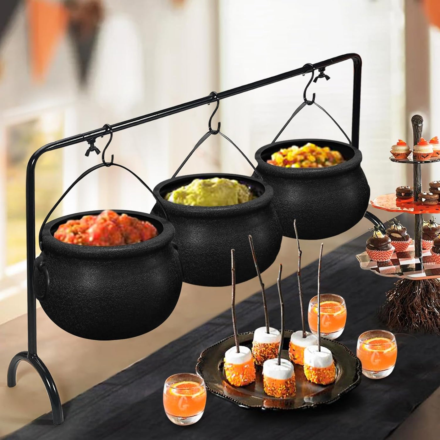 Halloween Serving Set — 3 Witches’ Cauldrons on Rack