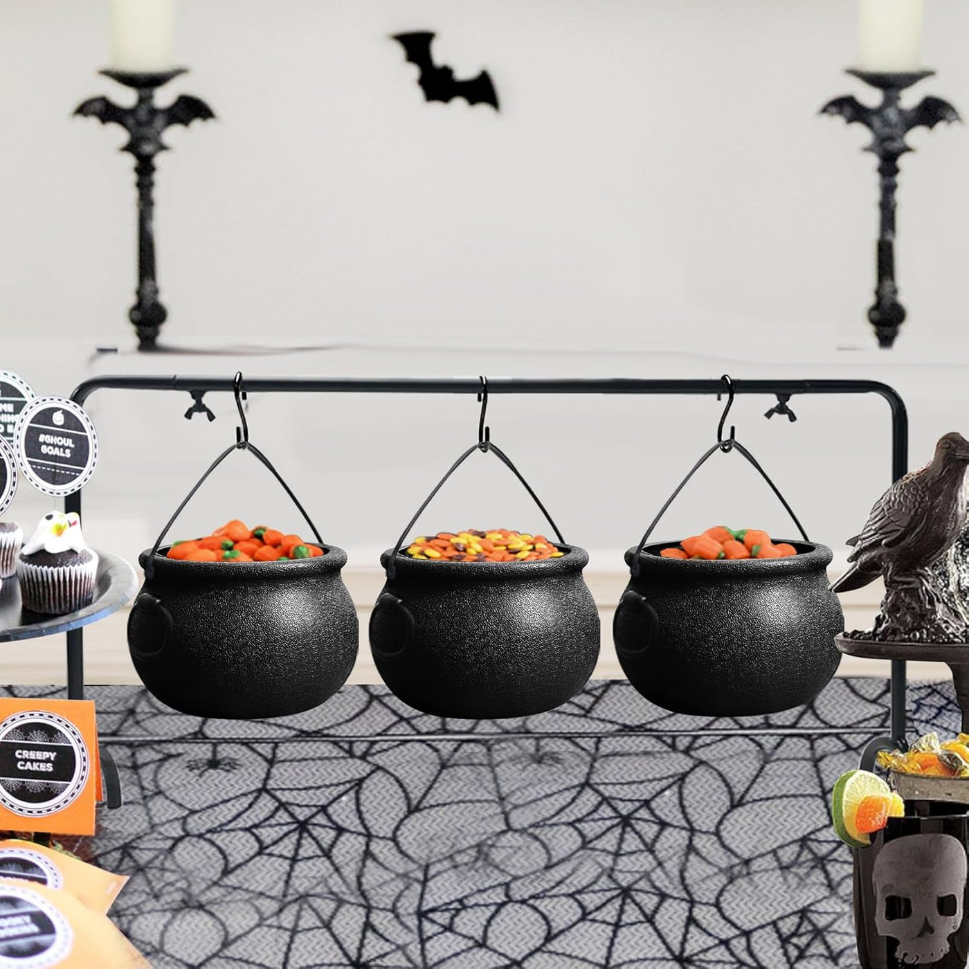 Halloween Serving Set — 3 Witches’ Cauldrons on Rack