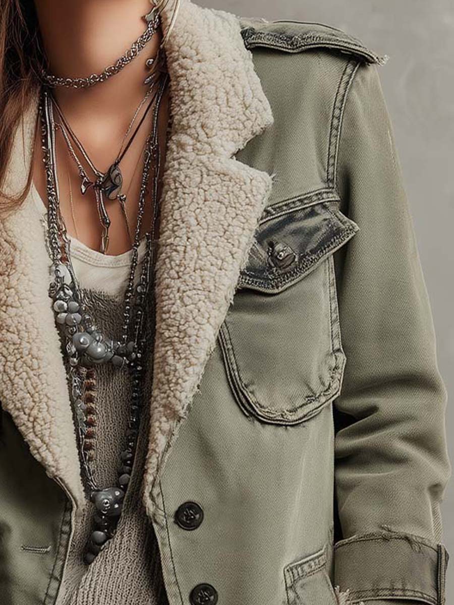 Vintage Olive Green Sherpa-Lined Utility Jacket