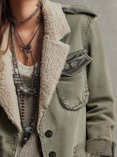 Vintage Olive Green Sherpa-Lined Utility Jacket