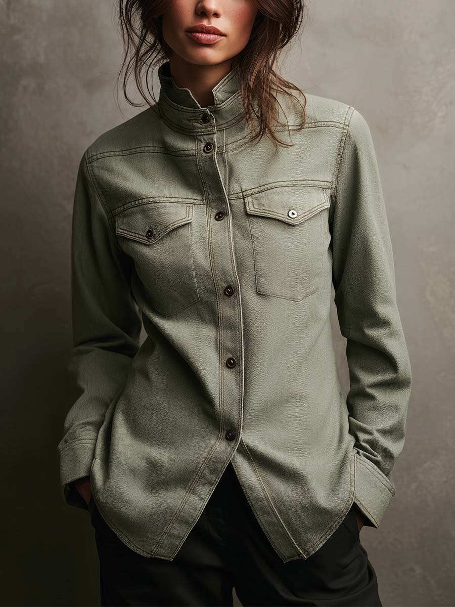 Sage Structured Utility Shirt With High Collar