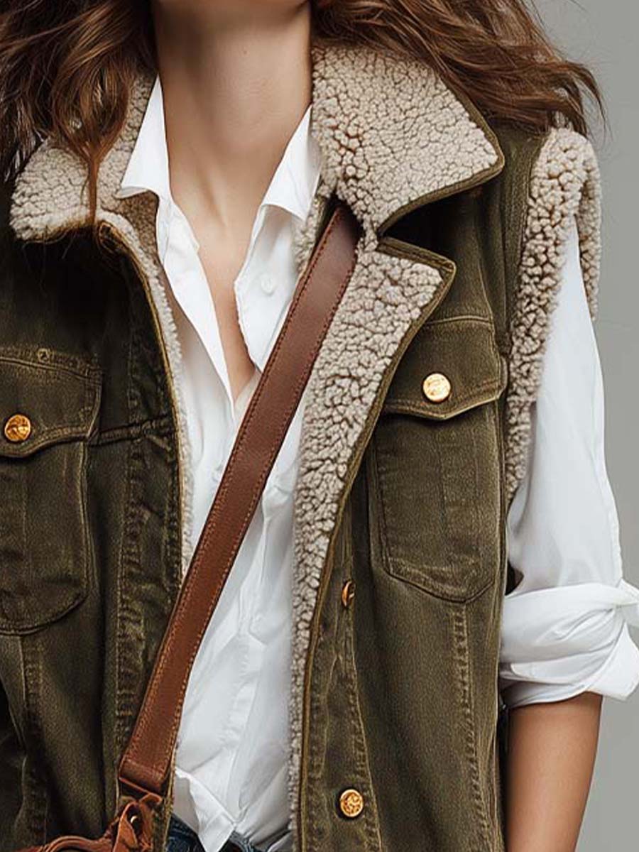 Vintage Washed Olive Green Utility Vest With Sherpa Lining