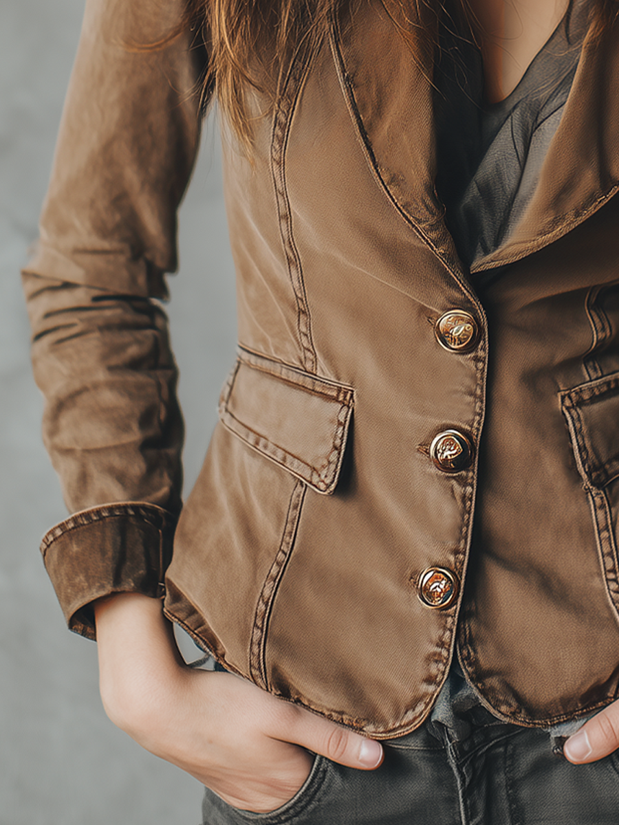 Vintage Lapel Button-down Denim Blazer