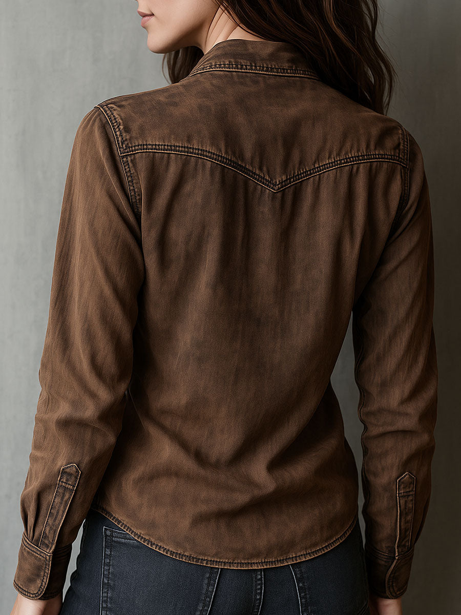 Vintage Brown Washed Contrast Stitching Utility Zip Shirt Jacket