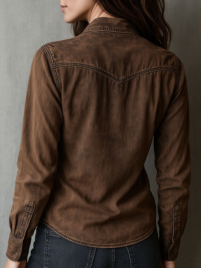 Vintage Brown Washed Contrast Stitching Utility Zip Shirt Jacket