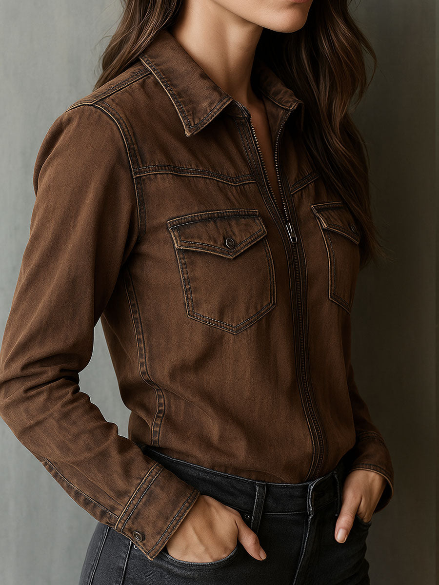 Vintage Brown Washed Contrast Stitching Utility Zip Shirt Jacket