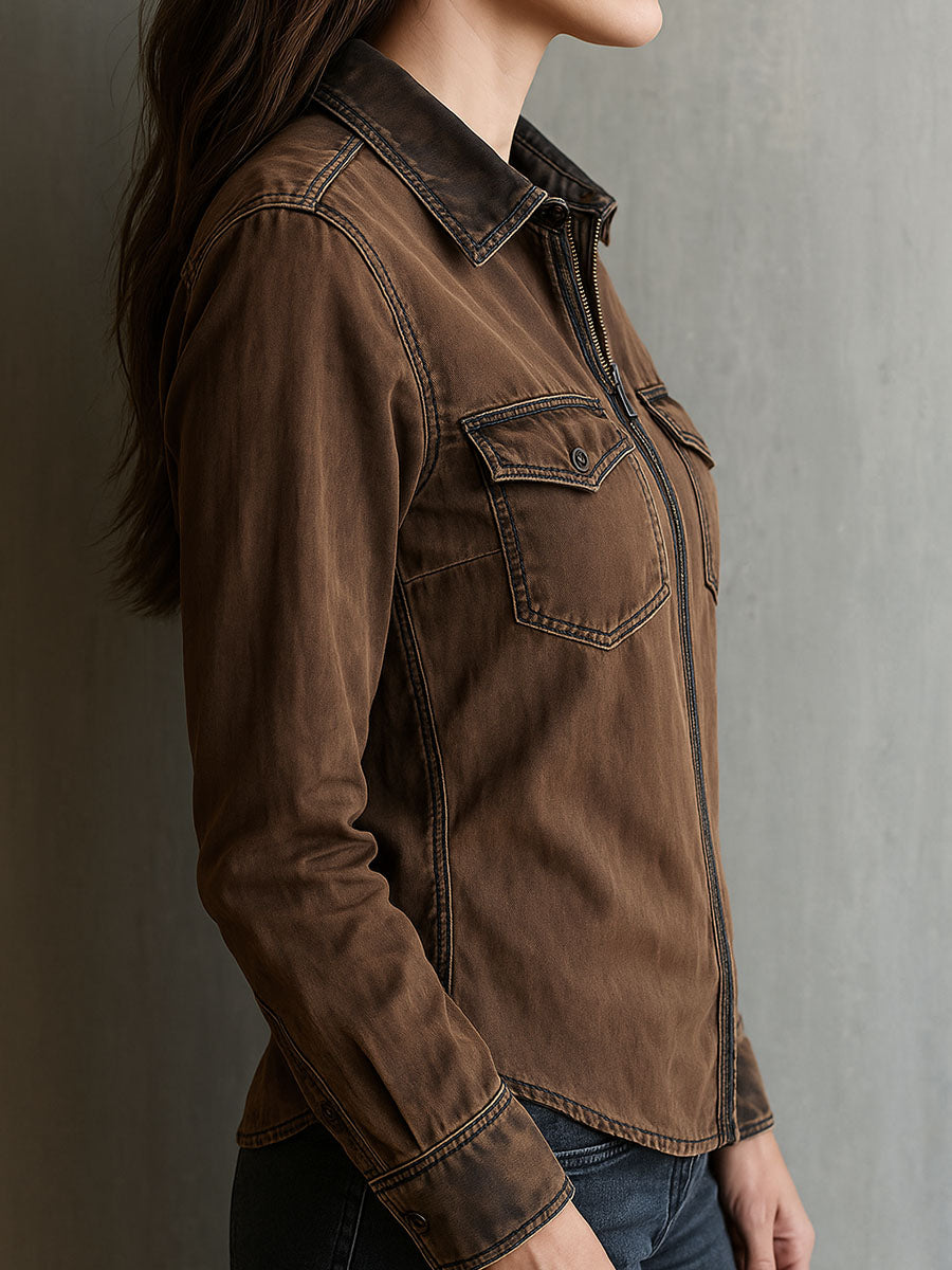 Vintage Brown Washed Contrast Stitching Utility Zip Shirt Jacket