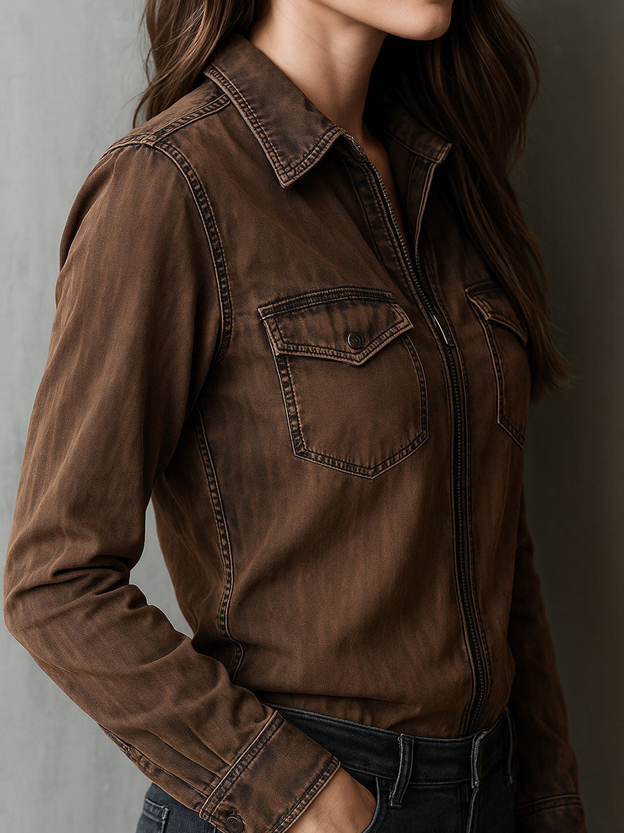 Vintage Brown Washed Contrast Stitching Utility Zip Shirt Jacket