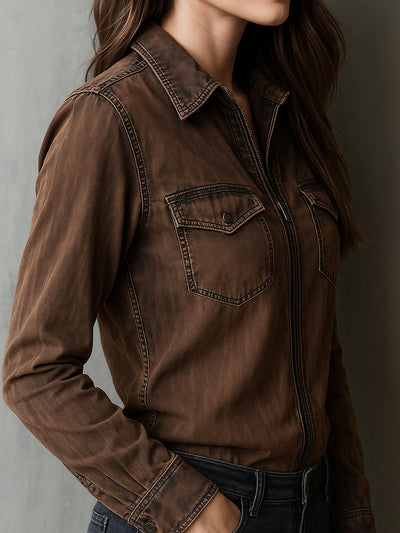 Vintage Brown Washed Contrast Stitching Utility Zip Shirt Jacket