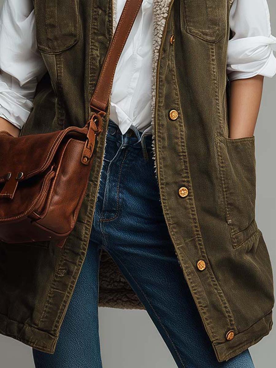 Vintage Washed Olive Green Utility Vest With Sherpa Lining