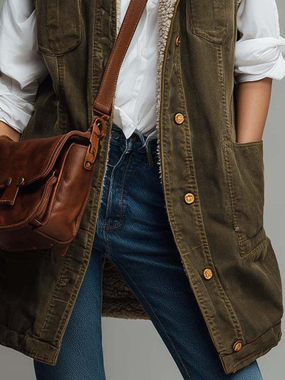 Vintage Washed Olive Green Utility Vest With Sherpa Lining