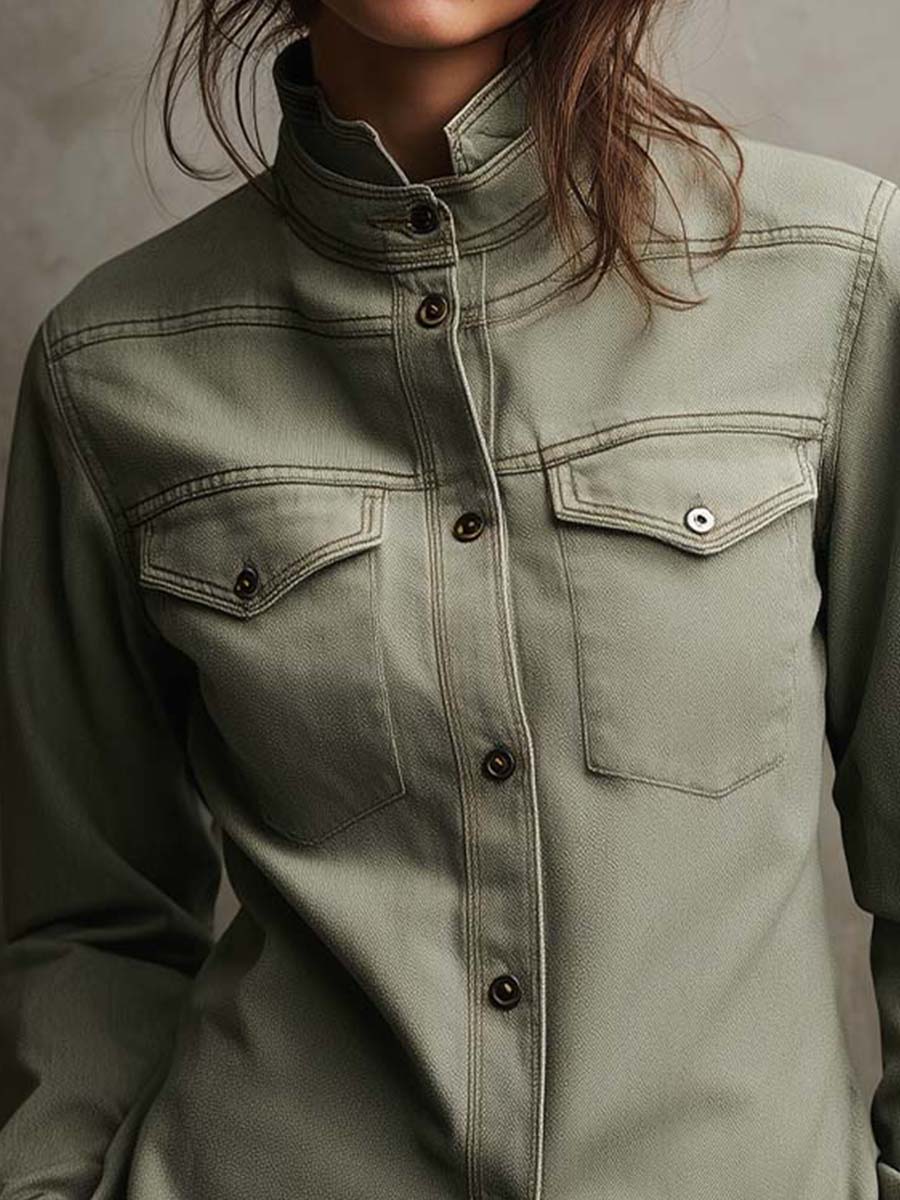 Sage Structured Utility Shirt With High Collar