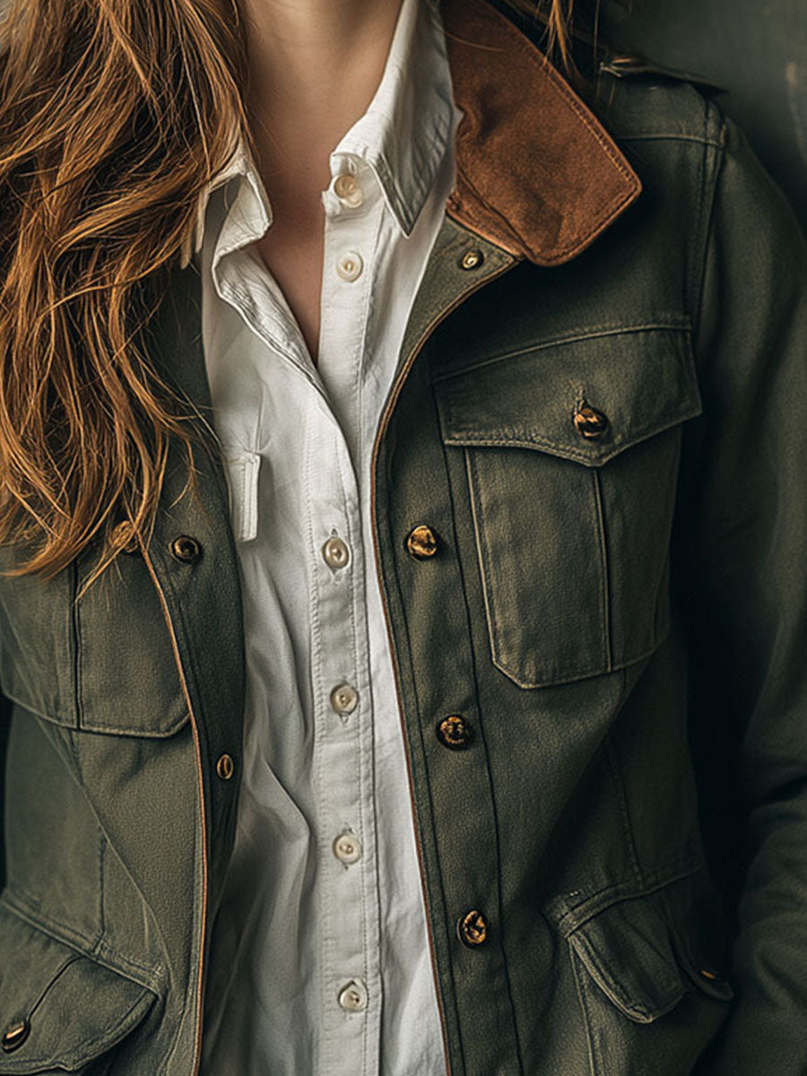 Vintage Olive Utility Jacket With Suede Collar
