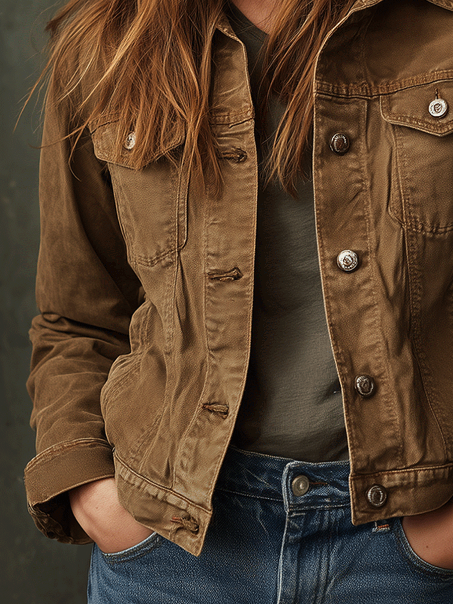 Classic Casual Washed Khaki Button Front Jacket