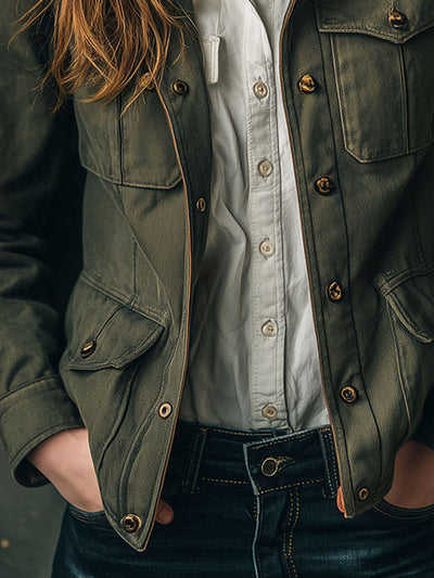 Vintage Olive Utility Jacket With Suede Collar